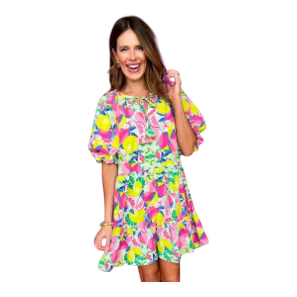 Umgee Pink Green Citrus‎ Fruit Print Tiered Puff Sleeve Mini Dress Size Small